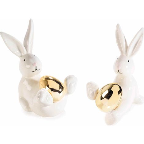 Eleganti coniglietti pasquali decorativi sdraiati in ceramica con uovo dorato lucido, set da 4 pezzi, cm 9 x 6 x 11,5 H