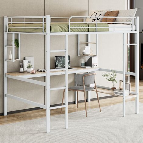 MEUBLIV Letto a soppalco 140x200 cm bianco – con scrivania e scaffali, senza materasso (1/5)