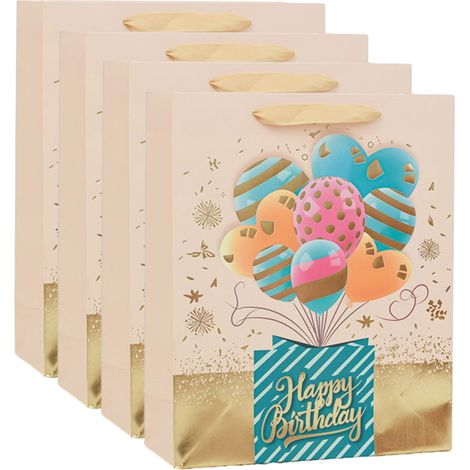 Sac Cadeau - 26 x 10 x 32 cm - Motif Ballons Anniversaire - Doré Chaud - Papier Renforcé - Fond Carré Rigide - 4 Pièces (1/5)