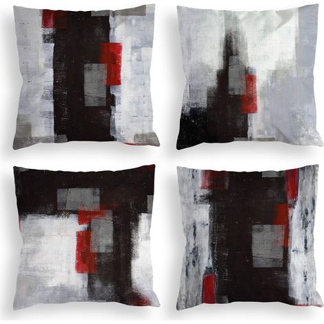 Lot de 4 Housses de Coussin décoratives Rouges et Noires - 45 x 45 cm - Art Abstrait Gris - pour canapé, Chambre à Coucher, Salon (1/5)
