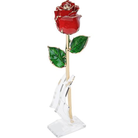 Rose rouge dorée 24 carats avec socle, décoration cadeau pour la Saint-Valentin ou un anniversaire (1/5)