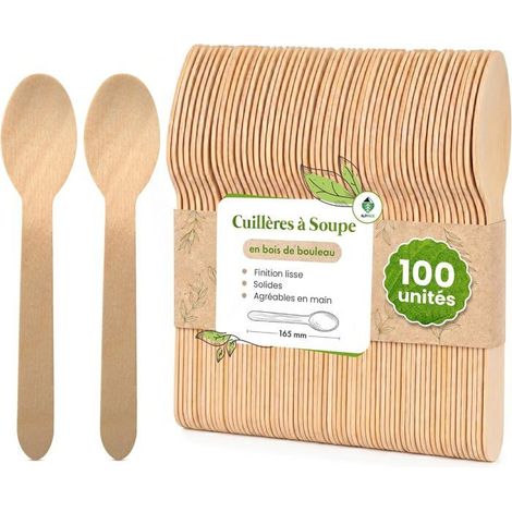 Cuillères en bois Lot de 100 Bouleau naturel 16 cm Résistantes Idéales pour les fêtes, les mariages et les pique-niques (1/5)