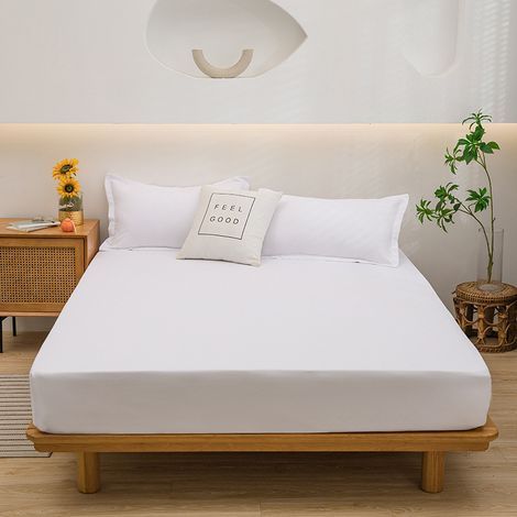 Drap de lit tout compris en coton lavé de couleur unie, protège-matelas antidérapant, housse anti-poussière, couvre-lit simple, taie d'oreiller (1/2)
