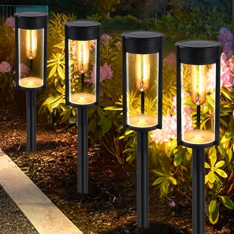Solar Lights for Outdoor Garden, Pack of 4 Solar Lights, Garden Lights with Warm White Tungsten Light, IP65 Waterproof, Auto On/Off Solar Lights, Garden Decoration for Lawn, Patio, Yard, Gifts (1/5)
