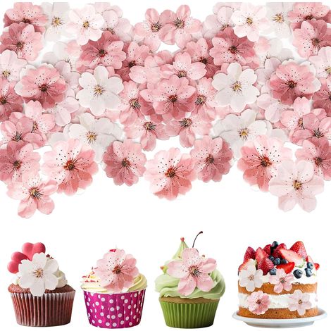 100 Pièces Fleurs Comestibles Cupcake, Gluant Papier de Riz Décoratif Gâteau, Décoration de Gâteau pour Anniversaires, Fête Mariage(Rose et blanc)