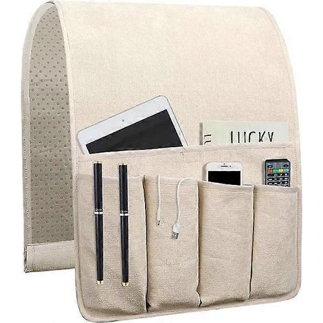 Sac de rangement de chevet à cinq compartiments, sac de rangement antidérapant pour télécommande de canapé, accessoires pour canapé et fauteuil (beige) (1/5)