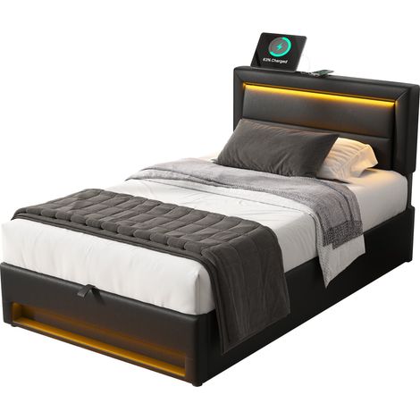 Lit capitonné 90 x 190 cm,avec port USB (prend en charge le chargement sans fil et filaire),avec éclairage LED et espace de rangement,sans matelas,motif litchi PU,noir (1/5)