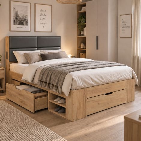 MEUBLIV Einzelbett 90x200 cm aus MDF Natur mit Stauraum und USB-Anschlüssen, ohne Matratze (1/5)