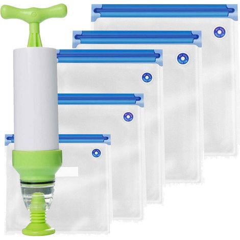 Kit di 5 sacchetti sottovuoto riutilizzabili in due parti, di diverse dimensioni, con pompa manuale per una facile conservazione degli alimenti e per l'uso in cucina. (1/5)