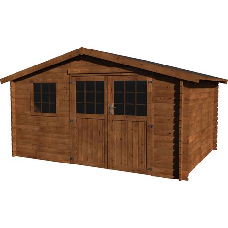 Décor Et Jardin – Abri de jardin bois traité 398x298 cm – Surface utile 10,14 m² – Épaisseur madriers 34 mm – Couleur marron autoclave (1/2)