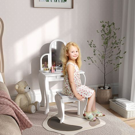 Tocador para Niños con Espejo y Taburete Tocador Infantil Tocador de Maquillaje para Niña de 3 a 6 Años con Cajón Blanco (1/5)