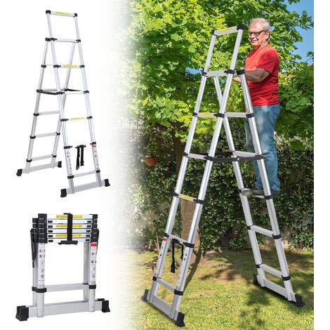 Jiubiaz Escalera telescópica Pro 2,0 m plateada 150 kg, patas antideslizantes