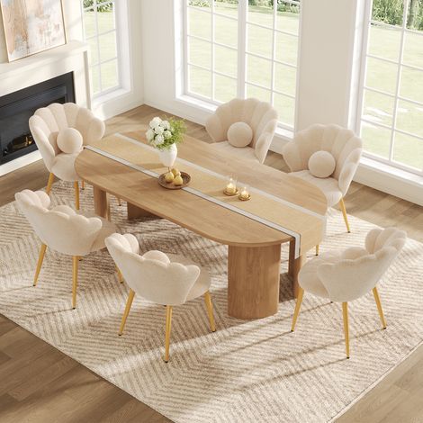 Lot de 6 fauteuils - 60x62.5x83 cm - tissu bouclé - assise rembourrée - dossier coquillage - pieds en métal - moderne - beige (1/5)
