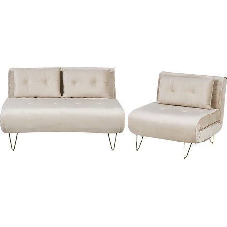 Conjunto de sala de estar 3 plazas de terciopelo beige dorado cojines Vestfold (1/5)