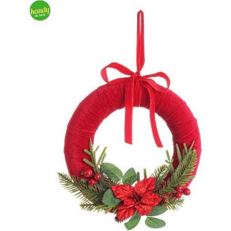Ghirlanda "Ingrid" verde in poliestere effetto velluto, pvc, pigne e polistirolo da 28 x 34 x 7,5 h cm -Rosso