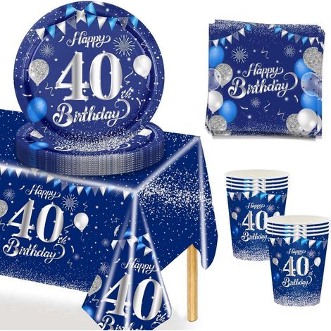 Partygeschirr 40. Geburtstag Blau Silber für 16 Gäste