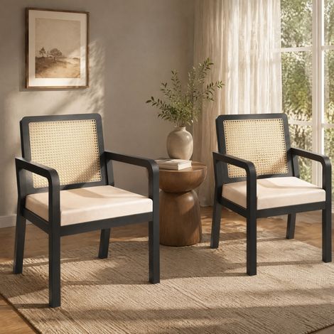 Set aus 2 Esszimmerstühlen aus Samt mit Rattan-Rückenlehne und Holzbeinen, Schwarz (1/5)