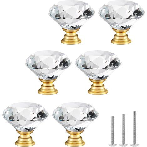 Lot De 6 Bouton de Meuble Cristal Poignées de Meubles de Placard en Cristal de 30 mm Forme de Diamant avec Base d'or Boutons d'armoire en Verre Transparent (1/5)