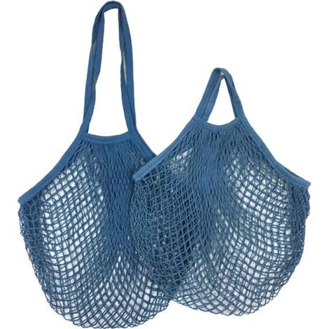 Lot de 2 sacs filet en coton, sacs à provisions réutilisables et extensibles, sacs au crochet pour fruits, courses et rangement, écologiques, bleu océan (1/5)