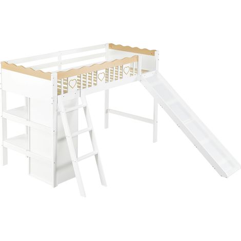 Cama alta infantil con tobogán y armario, pino/MDF/contrachapado, 90x200 cm, blanco natural (1/5)