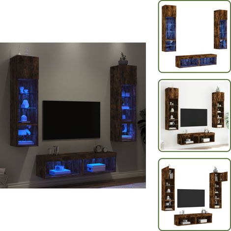 Almacenamiento en pared - vidaXL Muebles TV pared con LED 6 pzas madera ingeniería roble ahumado - Muebles LED