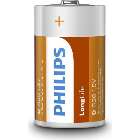 PHILIPS AUDIO LongLife - R20 D battery, 2-blister pack, couleurs aléatoires, blanc, vert