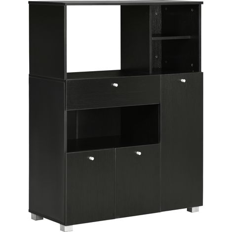 Meuble micro-ondes avec rangements, 2 portes, 4 compartiments, tiroir coulissant, dimensions 90x40x120 cm, bois noir (1/5)
