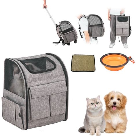 Sac de transport pour chien à roulettes, poignée télescopique et bandoulière, pour animaux jusqu'à 8 kg, avec bol pliable, gris. (1/5)