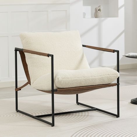 Poltrona lounge, poltrona d'accento imbottita in tessuto bouclé, seduta ampia e struttura in acciaio, 77x91x80 cm, crema