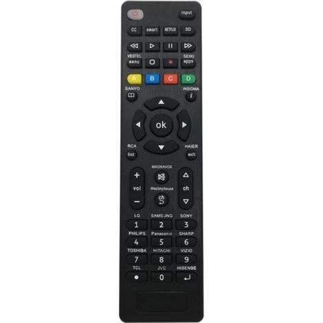 Télécommande universelle de remplacement pour téléviseurs intelligents Samsung, Sony, Philips, Panasonic, TCL, Sharp, Hitachi, Vizio, TCL, Toshiba et Hisense. Facile à installer. (1/4)