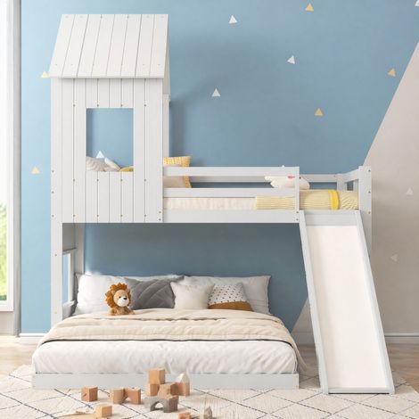 CHICFURN Litera infantil 90x200 y 140x200 cm de madera blanca con tobogán, sin colchón (1/5)