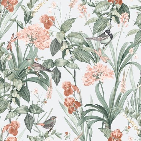 Papier peint jardin fleuri oiseaux fond bleu glacier (1/2)
