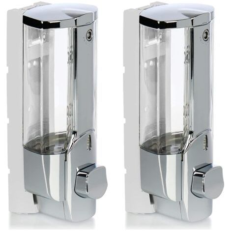 Distributeur de savon mural 2x – Rechargeable 380ml – Installation facile avec vis et chevilles – Pour gel douche et lotions (chromé)