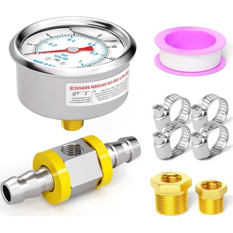 01BAR/15PSI Glycerine Filled Stainless Steel Fuel Pressure Gauge 1/8" BSP 1.5" DIAL FACE, with Fuel Line Pressure Adapter 3/8" Liquid Filled Pressure Gauge (1/5)