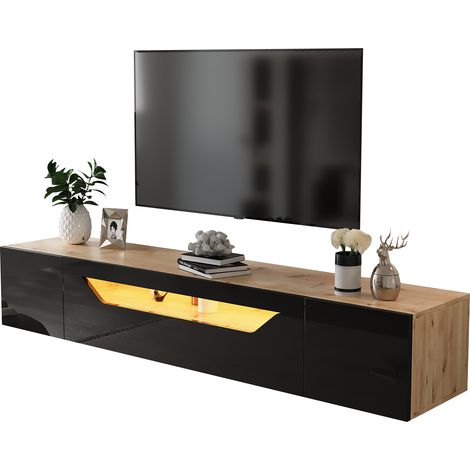 TV-Lowboard Wandmontage mit 3 Fächern und LED, Hochglanzfront, aus Spanplatte, Schwarz und Holzoptik, 180×37×36 cm (1/5)