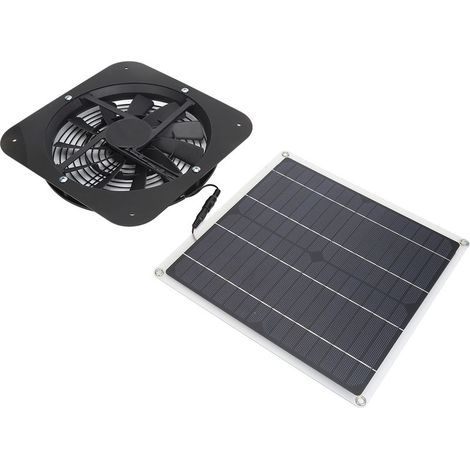 Kit ventilateur solaire 100W avec panneau photovoltaïque et ventilateur rond 25cm pour serre, abri, poulailler - Noir (1/5)