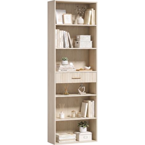 Narrow Bookcase, Drawer, 5 Shelves, 60 x 24 x 182 cm, Oak Wood Effect (1/5)
