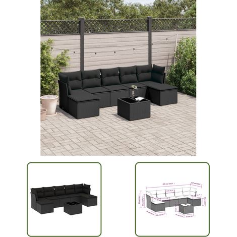 The Living Store Salon de jardin 8 pcs avec coussins noir résine tressée - Salon De Jardin - Mobilier De Jardin - Set Salon De Jardin - Résine Tressée - Rotin Synthétique (1/3)