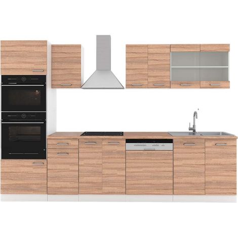 Mueble de cocina R-Line, Sonoma/Blanco, 300 cm con armario alto, ET Roble, Vicco