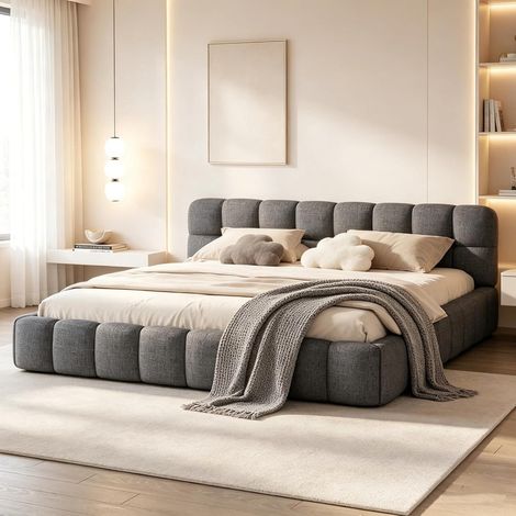 Lit double rembourré 160 x 200 cm,Lit Bulle avec tête de lit,Cadre de Lit pour Adulte et Adolescents,lit pour adulte sommier à lattes, lin,Gris (1/5)