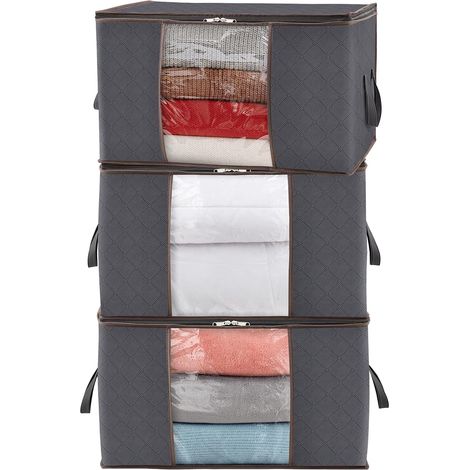 Lot de 3 Sac de Rangement Vetement 90 L, Boîte de Rangement sous lit Pliable, Housse Rangement, Organisateur de Placard pour Couettes, Couvertures, Gris (1/5)