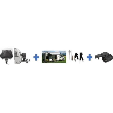 Pack Abfahrt zum Camping 3 Teile - HTC EQUIPEMENT - Enthält: 1 Tasche für 2 Fahrräder, Sturmriemen, Adapter Anhänger 13 auf 7