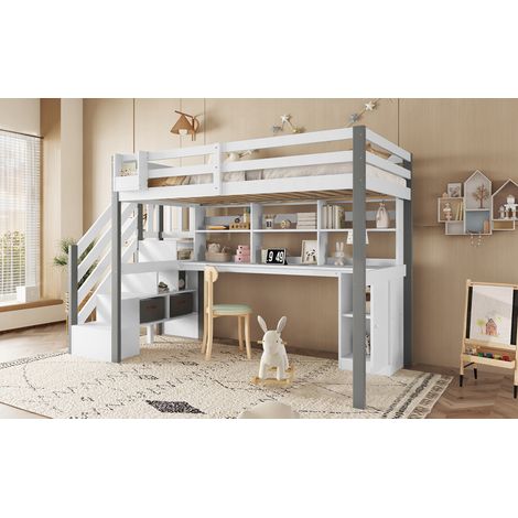 Lit mi-hauteur avec boîte de rangement en tissu, grand espace de rangement, échelle latérale, étagère ouverte, lit jeunesse avec bureau et casiers, pin+MDF, blanc+gris, 90x200cm (1/5)