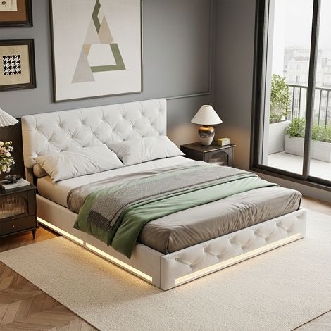 Lit 140x200 avec sommier, Cadre de lit avec éclairage led, Tete de lit rembourré ajustable, pour adultes et adolescents, blanc lin lit coffre (1/5)