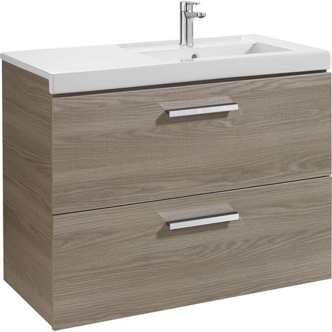 Unik mueble con dos cajones + lavabo PRISMA - ROCA Color: Blanco - Fresno - Medidas: 900x460x694 mm - Posición del lavabo: Izquierda (1/5)