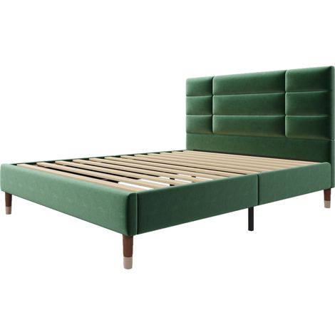 Letto imbottito 140x200 cm in velluto verde scuro con testiera e rete (1/5)