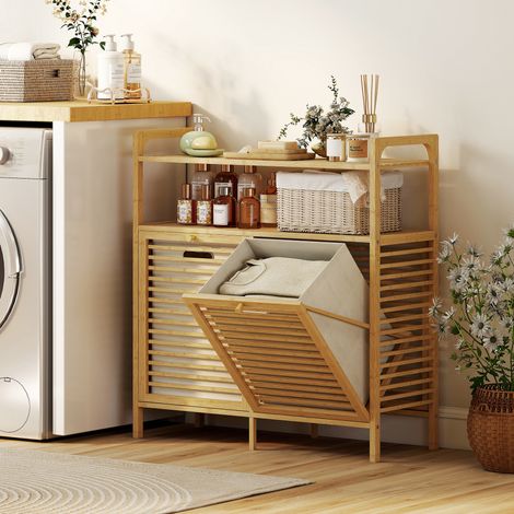 Badezimmerschrank aus Bambus, Badezimmeraufbewahrung mit 2 Wäschekörben und 2 Ablagen, 82 x 33 x 88 cm, Naturholz