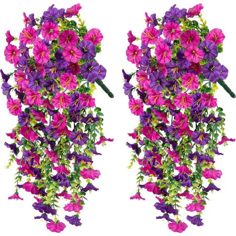 Sollbry Lot de 2plantes artificielles suspendues-76cm-Mélange de pétunias violets et roses-Fleurs artificielles résistantes aux-Pour balcon,terrasse,jardin (1/5)