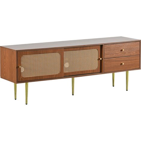 Meuble TV en MDF noyer avec portes coulissantes en rotin synthétique et 2 tiroirs, 160 x 40 x 60 cm (1/5)