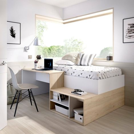 Dmora - Cama infantil Dbagnat, Cama individual para dormitorio, Juego con escritorio y estantes, 195x134h73 cm, Blanco y Roble
